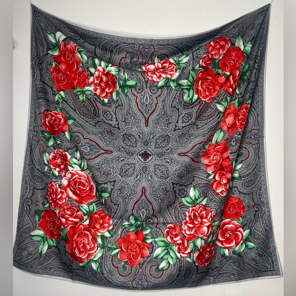 Silk Oversized Paisley Rose Scarf - Red